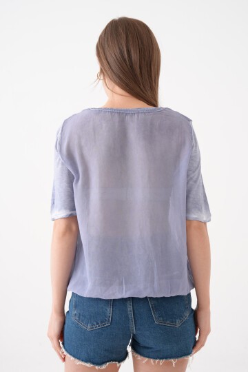 Kadın Bisiklet Yaka Kısa Kol Baskı Detaylı Spor Şık Curve Beli Lastikli Şifon Bluz