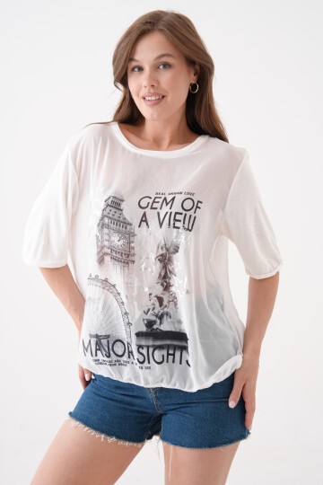 Kadın Bisiklet Yaka Kısa Kol Baskı Detaylı Spor Şık Curve Beli Lastikli Şifon Bluz