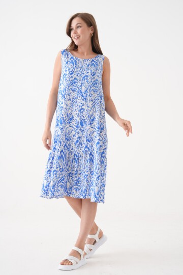 Kadın Bisiklet Yaka Kolsuz Eteği Volanlı Yazlık Desenli Büyük Beden Curve Dokuma Elbise