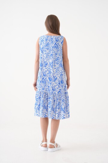 Kadın Bisiklet Yaka Kolsuz Eteği Volanlı Yazlık Desenli Büyük Beden Curve Dokuma Elbise