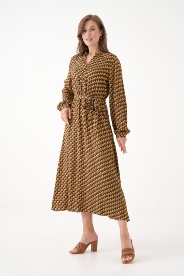 Kadın Bisiklet Yaka Tesettüre Uygun %100 Viscose Maxi Boy Uzun Kol Büyük Beden Curve Yazlık Elbise