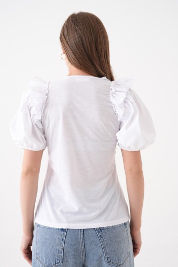 Kadın Bisiklet Yaka Volanlı Karpuz Kol Güpür Detaylı Spor Şık Çiçek Güpürlü Bluz