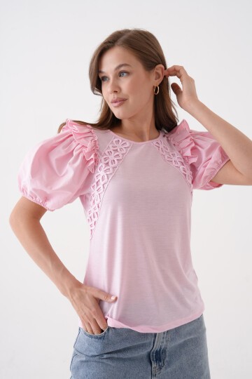 Kadın Bisiklet Yaka Volanlı Karpuz Kol Güpür Detaylı Spor Şık Çiçek Güpürlü Bluz