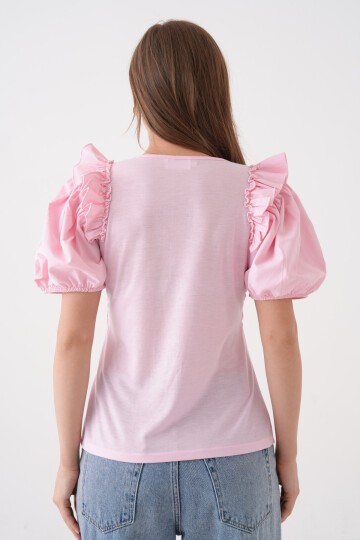 Kadın Bisiklet Yaka Volanlı Karpuz Kol Güpür Detaylı Spor Şık Çiçek Güpürlü Bluz