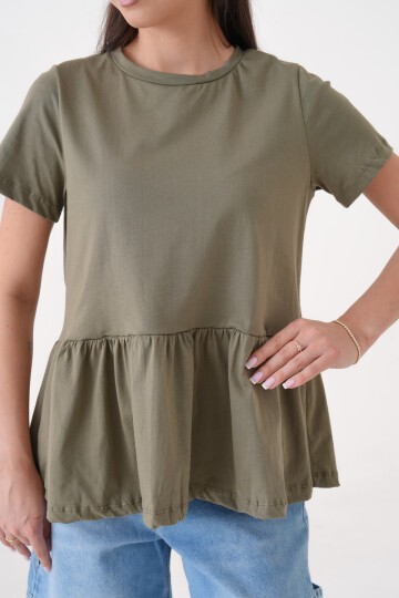 Kadın Bisiklet Yaka Yarım Kol Eteği Pileli Spor Şık Örme Rahat Kalıp Yazlık Bluz