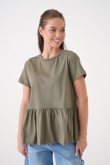 Kadın Bisiklet Yaka Yarım Kol Eteği Pileli Spor Şık Örme Rahat Kalıp Yazlık Bluz