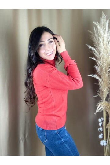 Kadın Boğazlı Uzun Kol Rahat Kalıp Triko Nar Çiçeği Kazak