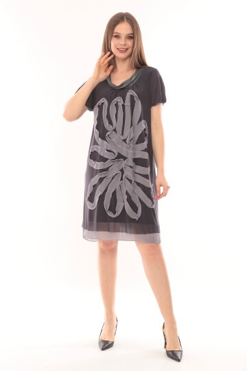 Kadın Büyük Beden Yarım Kol Şifon Çiçek Desenli Curve Astarlı Spor Şık Elbise