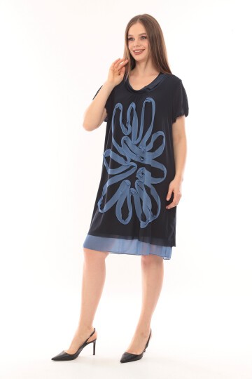 Kadın Büyük Beden Yarım Kol Şifon Çiçek Desenli Curve Astarlı Spor Şık Elbise