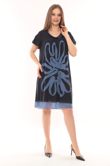 Kadın Büyük Beden Yarım Kol Şifon Çiçek Desenli Curve Astarlı Spor Şık Elbise