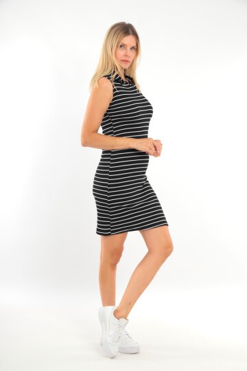 Kadın Çizgili Kolsuz Kapüşonlu Spor Şık Siyah Beyaz Casual Günlük Elbise