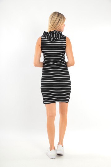 Kadın Çizgili Kolsuz Kapüşonlu Spor Şık Siyah Beyaz Casual Günlük Elbise