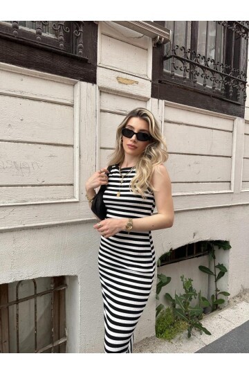 Kadın Çizgili Kolsuz Spor Şık Siyah Beyaz Elbise