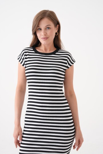 Kadın Çizgili  Spor Şık Siyah Beyaz Casual Midi Boy Elbise