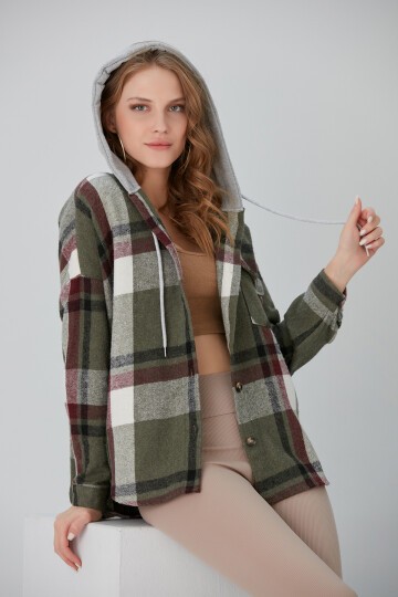 Kadın Çok Renkli Haki Oduncu Oversize Kapüşonlu Ceket Gömlek