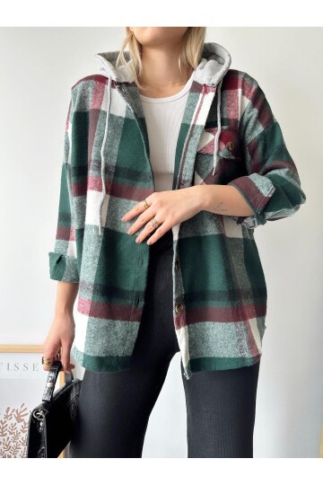 Kadın Çok Renkli Koyu Yeşil Oduncu Oversize Ceket Gömlek