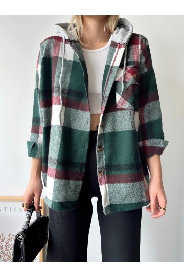 Kadın Çok Renkli Koyu Yeşil Oduncu Oversize Ceket Gömlek