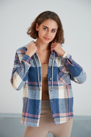 Kadın Çok Renkli Soft Mavi Oduncu Oversize Ceket Gömlek