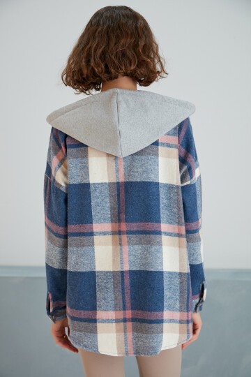 Kadın Çok Renkli Soft Mavi Oduncu Oversize Ceket Gömlek