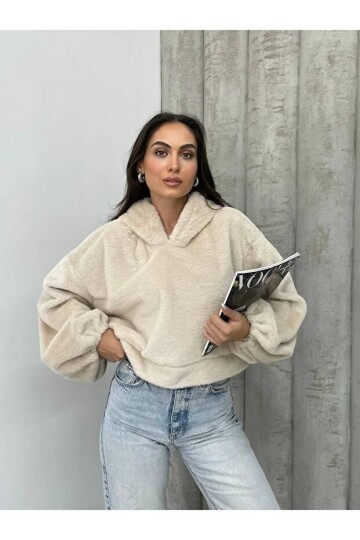 Kadın Crop Boy Yumuşacık Balon Uzun Kol Kapüşonlu Şık Kısa Sweatshirt