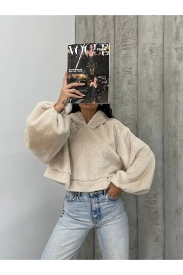 Kadın Crop Boy Yumuşacık Balon Uzun Kol Kapüşonlu Şık Kısa Sweatshirt