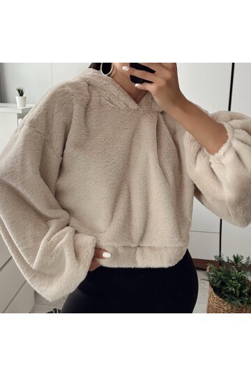 Kadın Crop Boy Yumuşacık Balon Uzun Kol Kapüşonlu Şık Kısa Sweatshirt