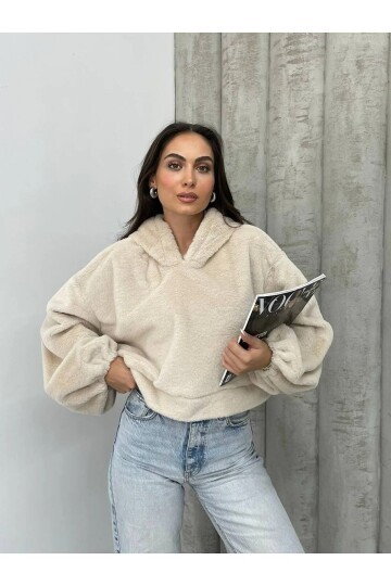 Kadın Crop Boy Yumuşacık Balon Uzun Kol Kapüşonlu Şık Kısa Sweatshirt