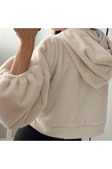 Kadın Crop Boy Yumuşacık Balon Uzun Kol Kapüşonlu Şık Kısa Sweatshirt