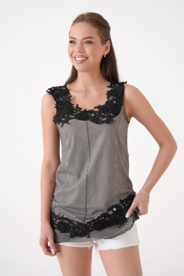 Kadın Dantel Güpü Yaka Kalın Askılı Eteği Güpürlü Yıkamalı Büyük Beden Spr Şık Curve Tunik