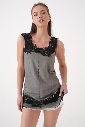 Kadın Dantel Güpü Yaka Kalın Askılı Eteği Güpürlü Yıkamalı Büyük Beden Spr Şık Curve Tunik