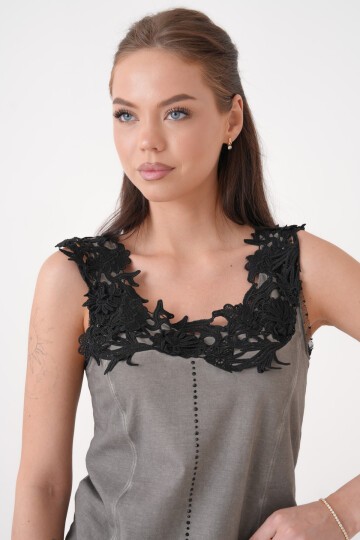 Kadın Dantel Güpü Yaka Kalın Askılı Eteği Güpürlü Yıkamalı Büyük Beden Spr Şık Curve Tunik