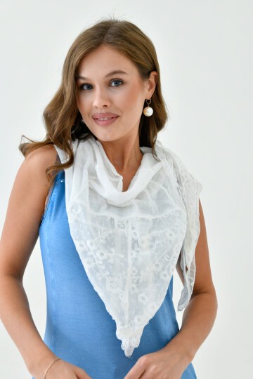 Kadın Dantel ve Örgü İşlemeli Yıkamalı Spor Şık Dokulu Boyunluk Şal