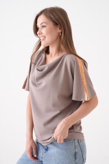 Kadın Degaje Yaka Yarım Kol Sim Detay Büyük Beden Curve Şık Bluz