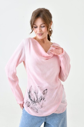 Kadın Degaye Yaka Geyik Baskılı Kalpli Taş Baskı Asimetrik Spor Şık Casual Curve Pudra Rengi Bluz
