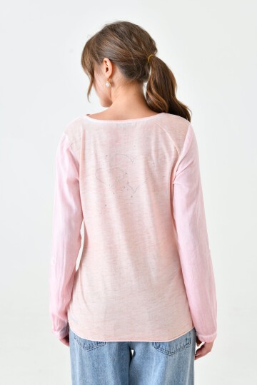 Kadın Degaye Yaka Geyik Baskılı Kalpli Taş Baskı Asimetrik Spor Şık Casual Curve Pudra Rengi Bluz