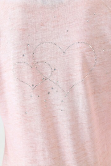 Kadın Degaye Yaka Geyik Baskılı Kalpli Taş Baskı Asimetrik Spor Şık Casual Curve Pudra Rengi Bluz