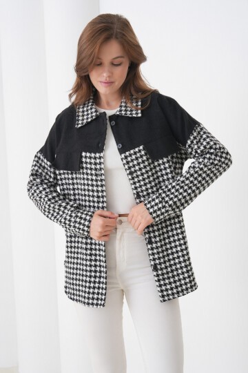 Kadın Desen Bloklu Oduncu Oversize Bol ve Geniş Kalıp Casual Cepli Yakalı Ceket Gömlek