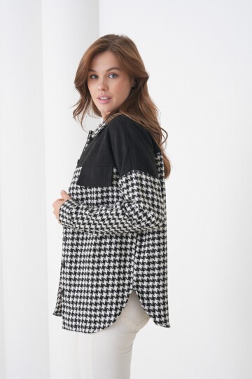 Kadın Desen Bloklu Oduncu Oversize Bol ve Geniş Kalıp Casual Cepli Yakalı Ceket Gömlek