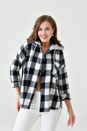 Kadın Desenli Renkli Oduncu Oversize Bol ve Geniş Kalıp Casual Çift Kapüşonlu Ceket Gömlek