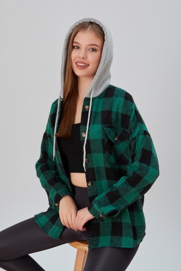 Kadın Desenli Renkli Oduncu Oversize Bol ve Geniş Kalıp Casual Çift Kapüşonlu Ceket Gömlek