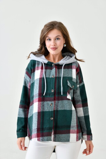 Kadın Desenli Renkli Oduncu Oversize Bol ve Geniş Kalıp Casual Çift Kapüşonlu Ceket Gömlek