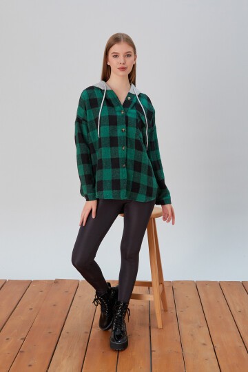 Kadın Desenli Renkli Oduncu Oversize Bol ve Geniş Kalıp Casual Çift Kapüşonlu Ceket Gömlek