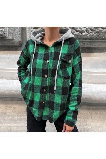 Kadın Desenli Renkli Oduncu Oversize Bol ve Geniş Kalıp Casual Çift Kapüşonlu Ceket Gömlek