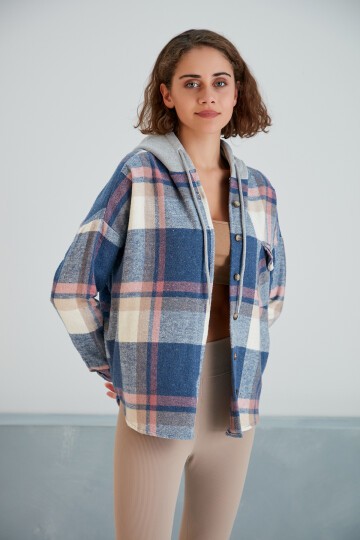 Kadın Desenli Renkli Oduncu Oversize Bol ve Geniş Kalıp Casual Çift Kapüşonlu Ceket Gömlek