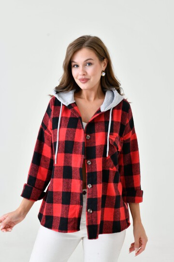 Kadın Desenli Renkli Oduncu Oversize Bol ve Geniş Kalıp Casual Çift Kapüşonlu Ceket Gömlek