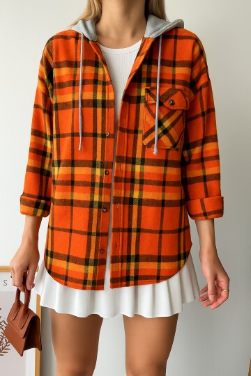 Kadın Desenli Renkli Oduncu Oversize Bol ve Geniş Kalıp Casual Çift Kapüşonlu Ceket Gömlek