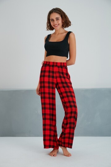 Kadın Dokuma Viskon Dama Desenli Cepli Büyük Beden Kalıp Beli Lastikli Salaş Pantolon