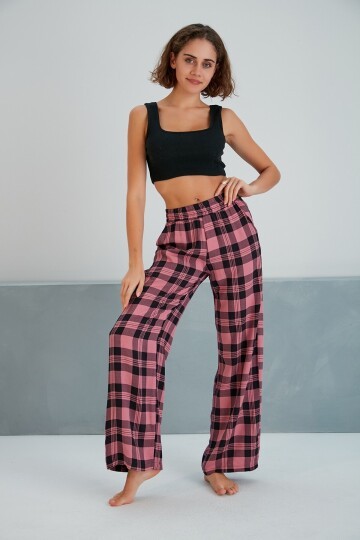 Kadın Dokuma Viskon Dama Desenli Cepli Büyük Beden Kalıp Beli Lastikli Salaş Pantolon