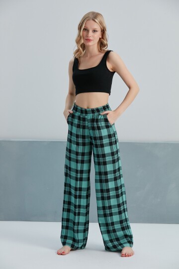 Kadın Dokuma Viskon Dama Desenli Cepli Büyük Beden Kalıp Beli Lastikli Salaş Pantolon