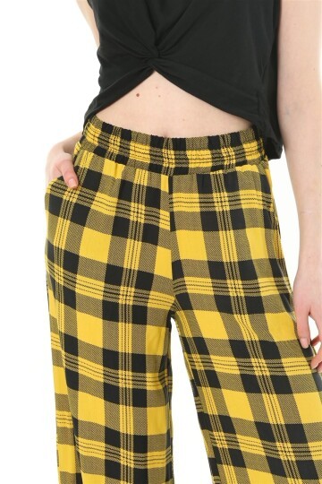 Kadın Dokuma Viskon Dama Desenli Cepli Büyük Beden Kalıp Beli Lastikli Salaş Pantolon